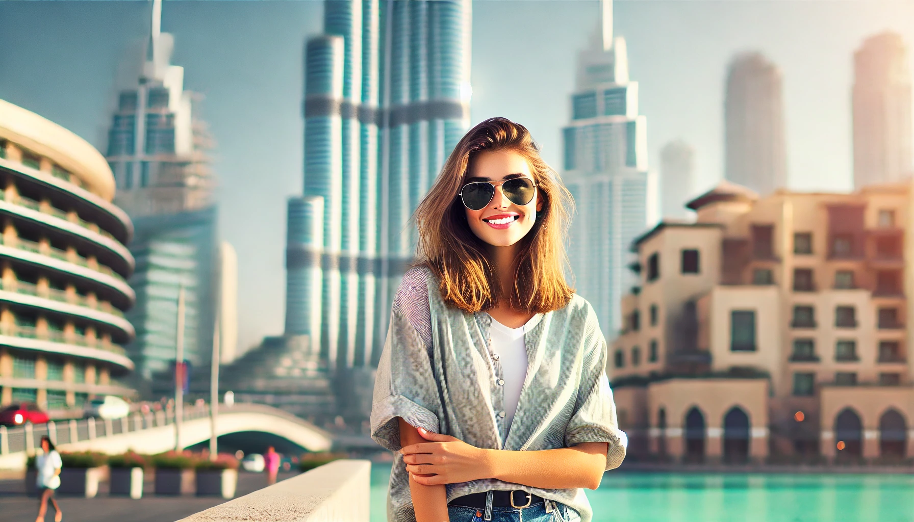 cabin crew girl next to Burj Khalifa in Dubai