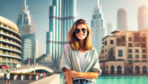 cabin crew girl next to Burj Khalifa in Dubai